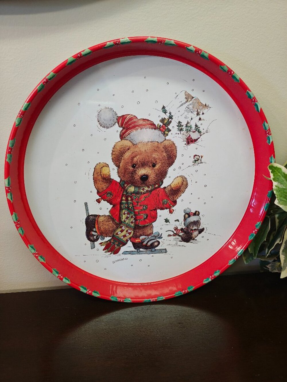 Vintage 1991 Giordano Art Christmas Teddy Bear Metal Serving Tray Ice Skating